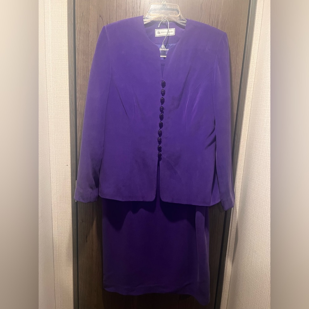 Travis Ayers Purple Silk Skirt Suit Set Size 10 Jacket + Skirt